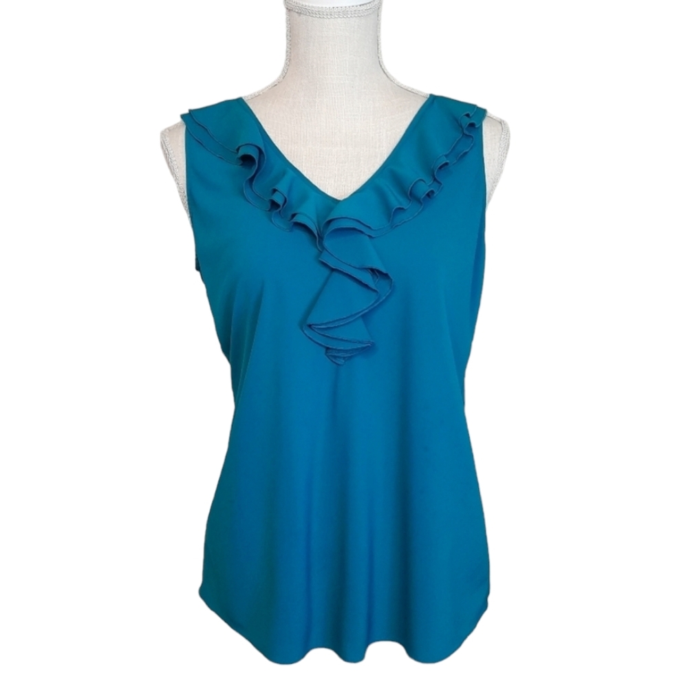 Passport Teal Blue Sleeveless V-Neck Ruffle Tank Top Blouse Shirt